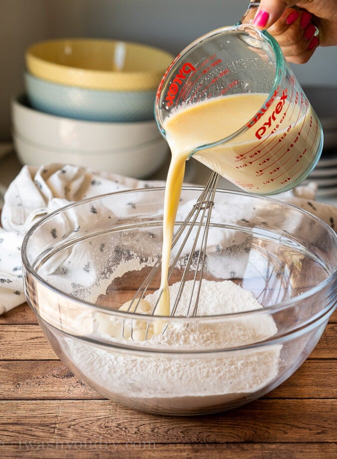 Sift the dry ingredients together using a fine mesh strainer, then whisk together the wet ingredients and combine.