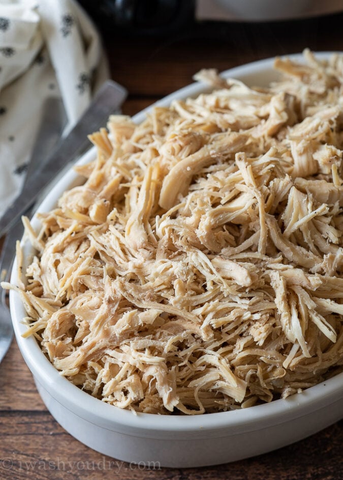 Deliciously seasoned shredded chicken breast made right in the slow cooker! So tender and juicy!