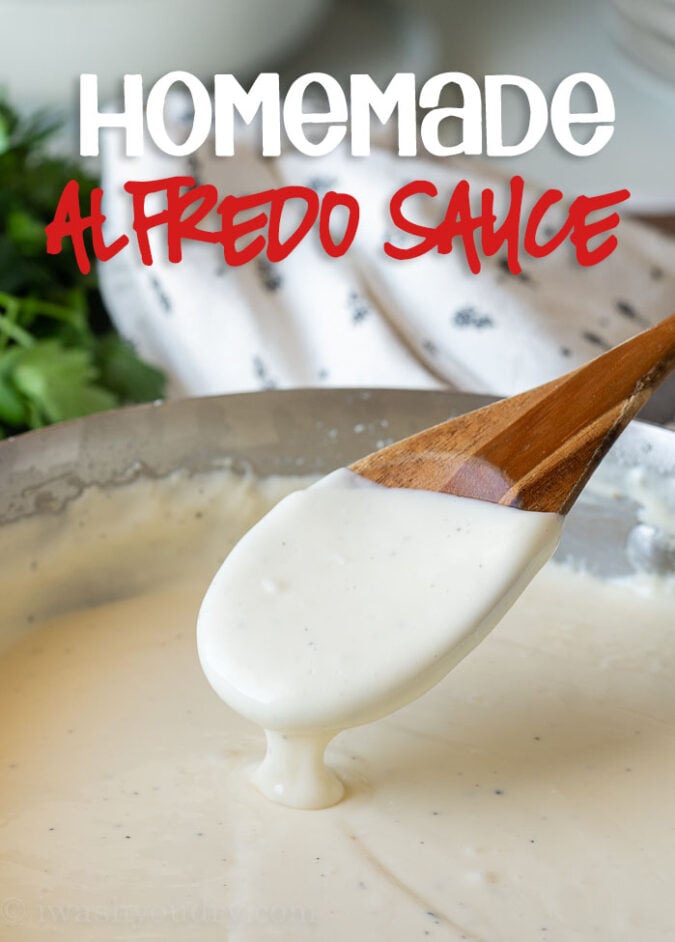 Pot filled with alfredo sauce and spoon dipped in.