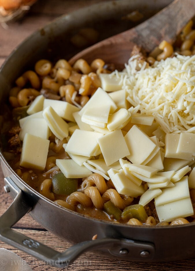 Add in both mozzarella cheese and provolone cheese to give this Philly Cheesesteak Pasta Skillet a delicious silky texture.