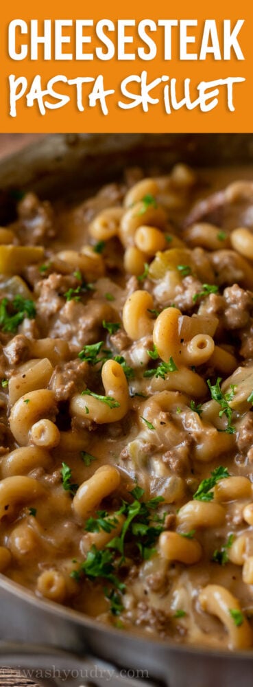 YUM! This cheesy Philly Cheesesteak Pasta Skillet is like homemade hamburger helper! My whole family LOVED it!