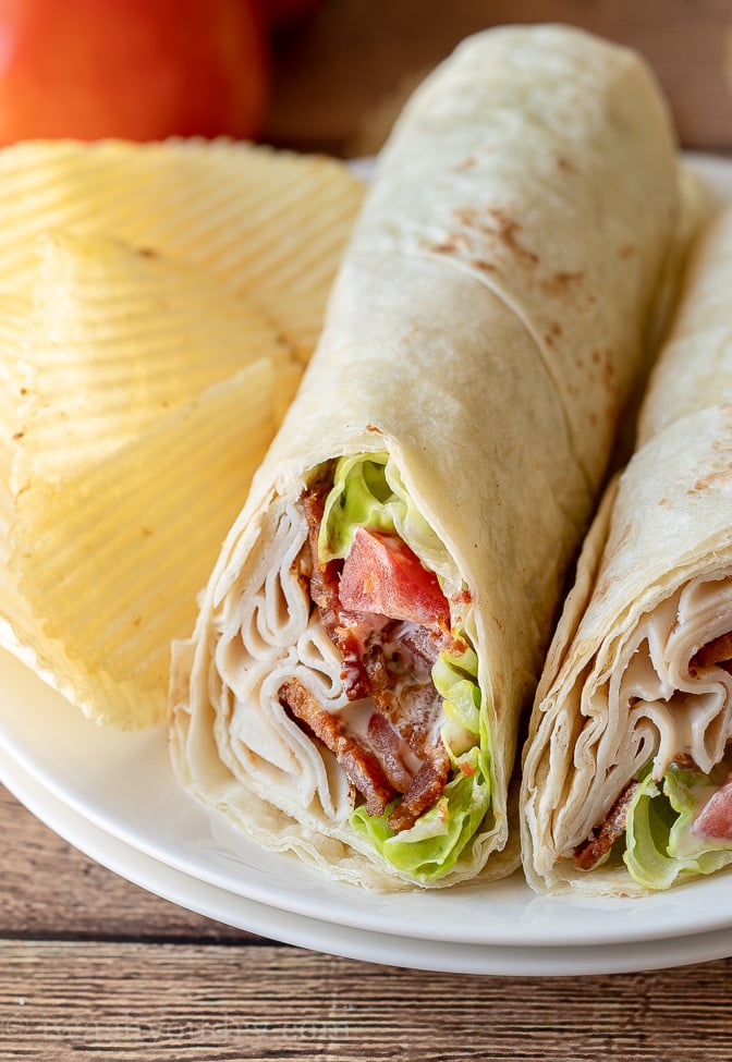 Quick and easy lunch wraps filled with sliced chicken, bacon and ranch dressing.