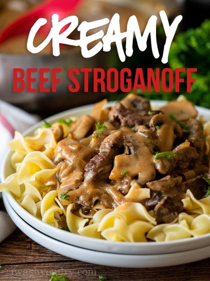 This Creamy Beef Stroganoff Recipe is filled with tender strips of steak in a creamy and savory mushroom gravy sauce.