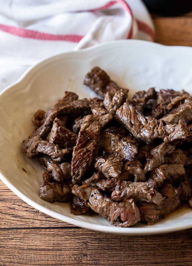 Sear the steak strips quickly to get a nice caramelized color to them.