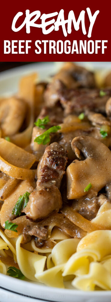 YUMMY! This Creamy Beef Stroganoff Recipe is made in less than 30 minutes for an easy weeknight dinner!
