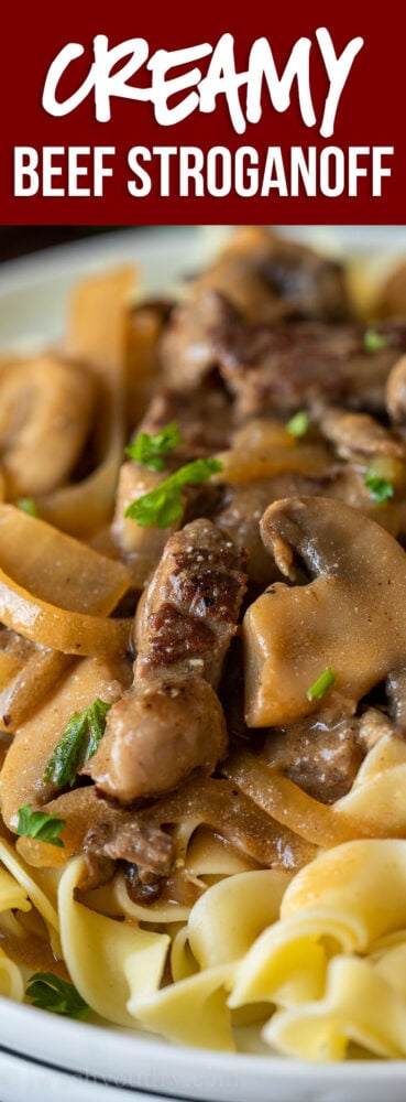 YUMMY! This Creamy Beef Stroganoff Recipe is made in less than 30 minutes for an easy weeknight dinner!