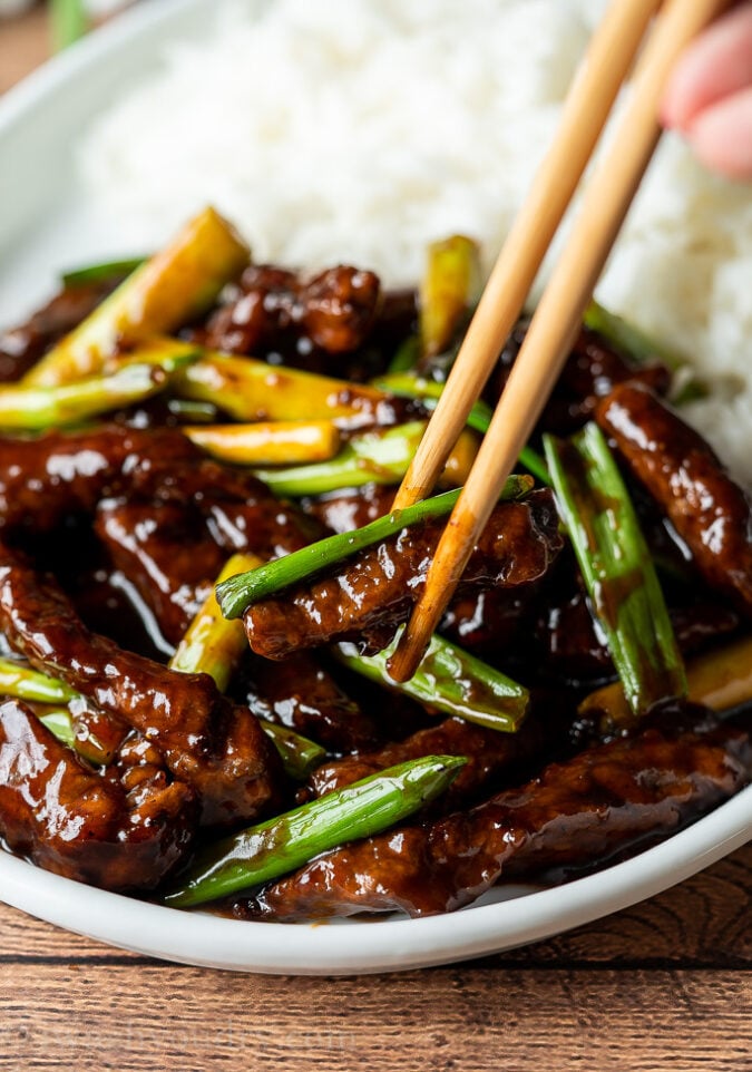 YUM! This super quick and easy Mongolian Beef Recipe is saucy and delicious!