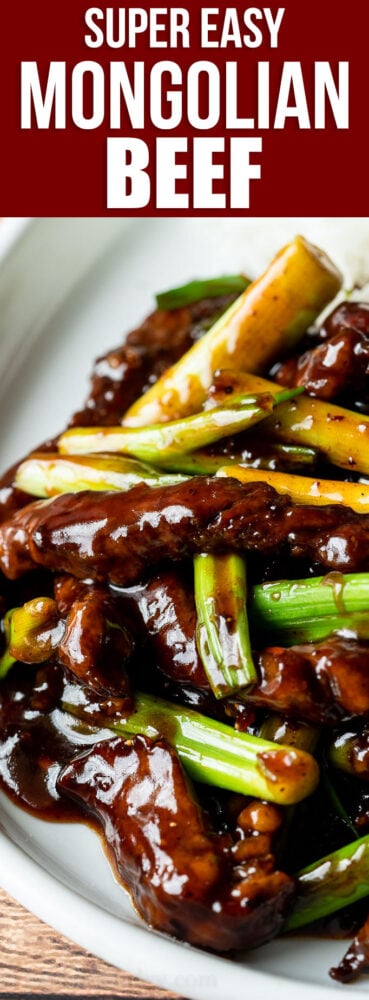 YUM! This super easy Mongolian Beef Recipe is filled with tender strips of steak in a sweet and savory sauce, ready in 30 minutes or less!