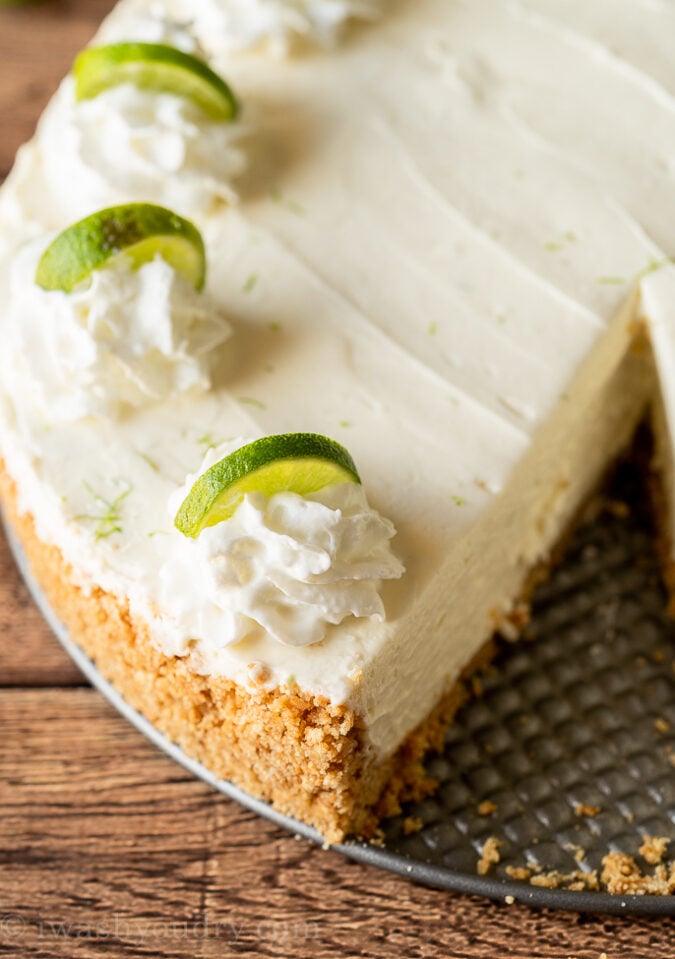 This Key Lime No Bake Cheesecake is perfectly smooth and creamy with a crisp graham cracker crust.