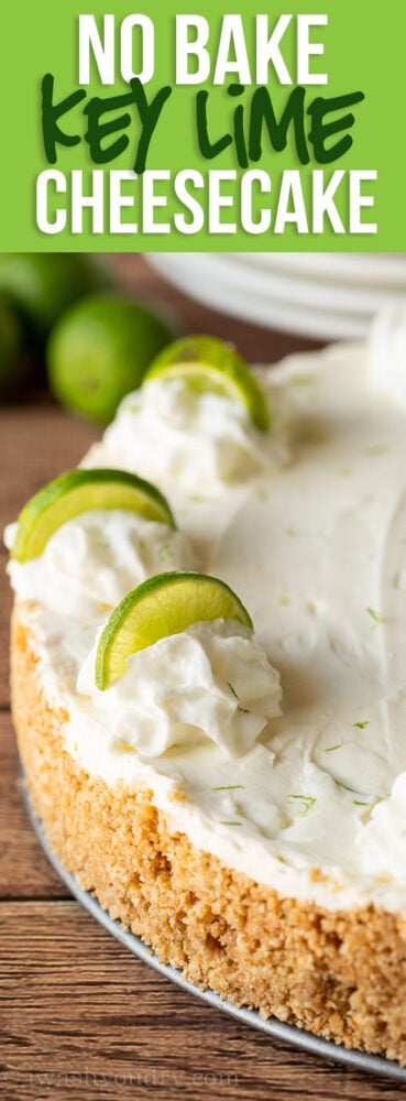 This Key Lime No Bake Cheesecake is perfectly smooth and creamy with a crisp graham cracker crust.