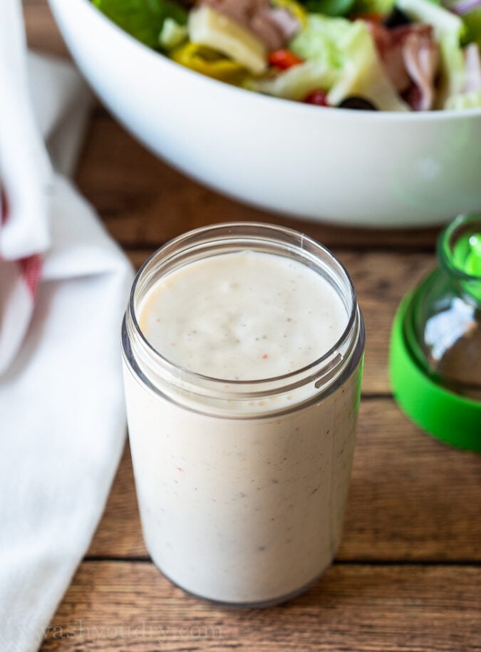 What really takes this salad to the next level is the creamy Italian dressing recipe! It's a super quick mix that is creamy, tangy and full of zip!