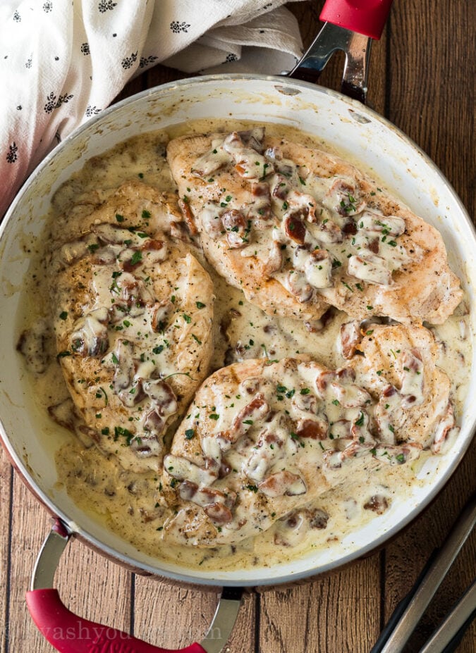 Toss the chicken in the bacon ranch sauce and then slice and serve!