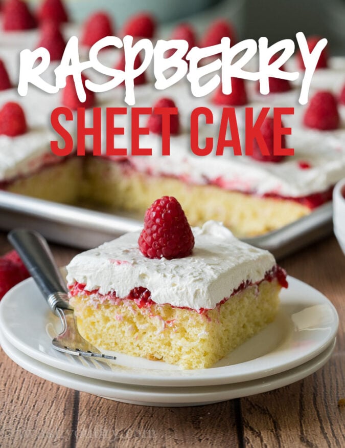 This Vanilla Raspberry Sheet Cake Recipe is a moist vanilla cake topped with raspberry cake filling and a cream cheese whipped frosting. Perfect for feeding a crowd at a party!