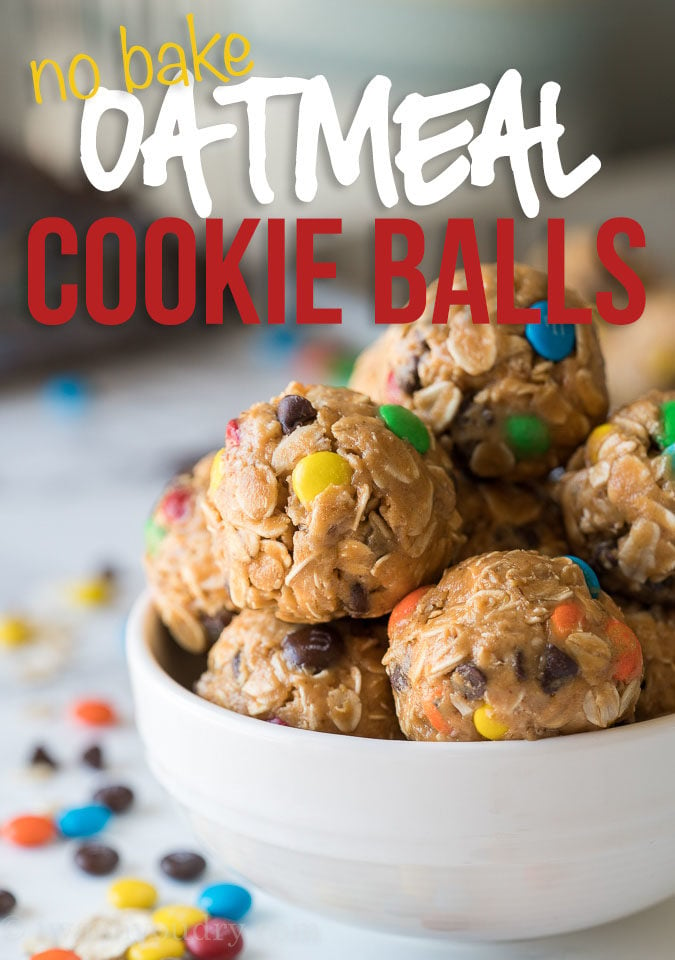 These No Bake Peanut Butter Oatmeal Cookie Balls are a quick and easy treat that are loaded with chocolate chips and m&m's! 