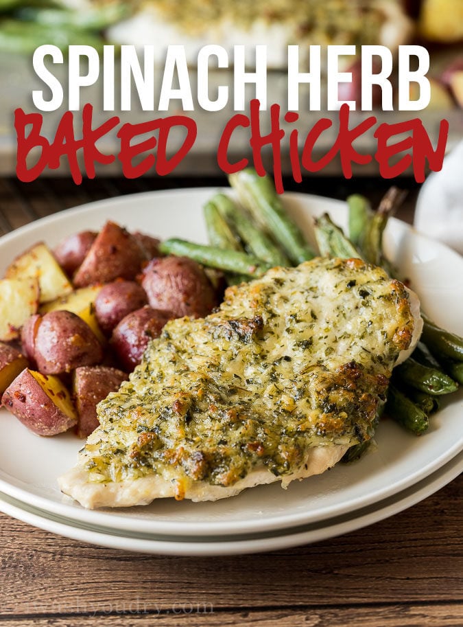 This Spinach Herb Baked Chicken Recipe is a complete meal with juicy chicken breasts, tender seasoned potatoes and fresh green beans all made on just one pan!