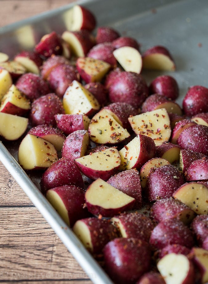 Toss the baby red potatoes with avocado oil, salt and seasoned pepper.