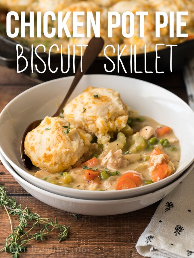 This comforting Chicken Pot Pie Biscuit Skillet is filled with plump chicken and tender veggies in a thick and creamy chicken gravy, then topped with fluffy cheesy biscuits.