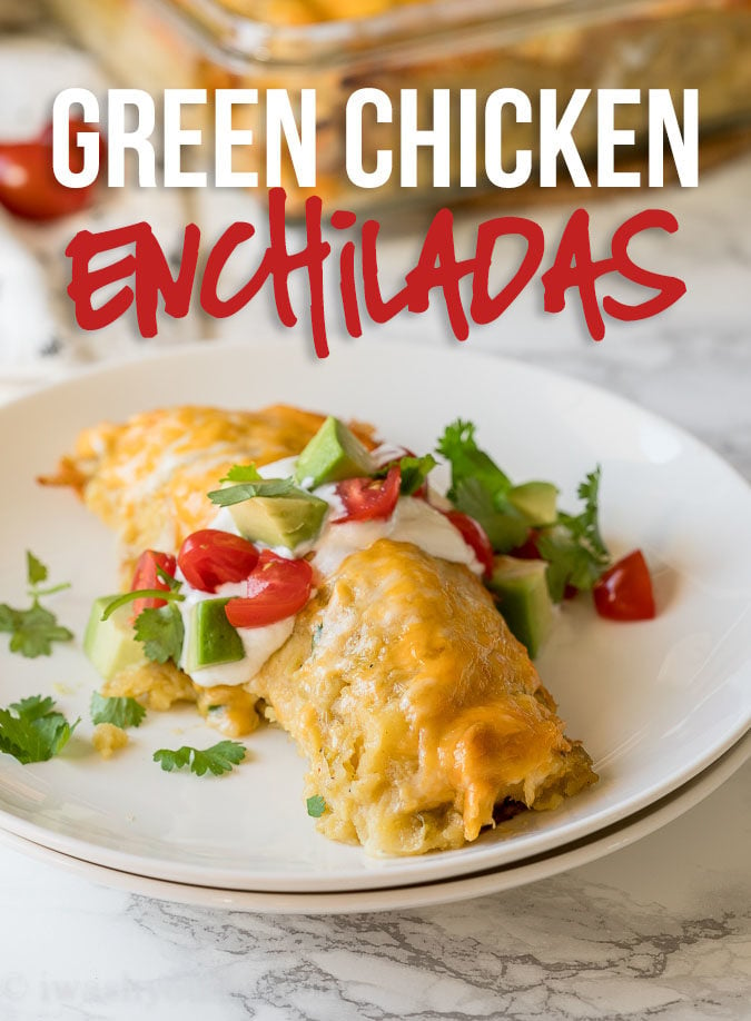 This Green Chicken Enchiladas Recipe is filled with shredded rotisserie chicken, green chiles, sour cream and cheese then smothered in a green enchilada sauce and more cheese, for a quick weeknight dinner!