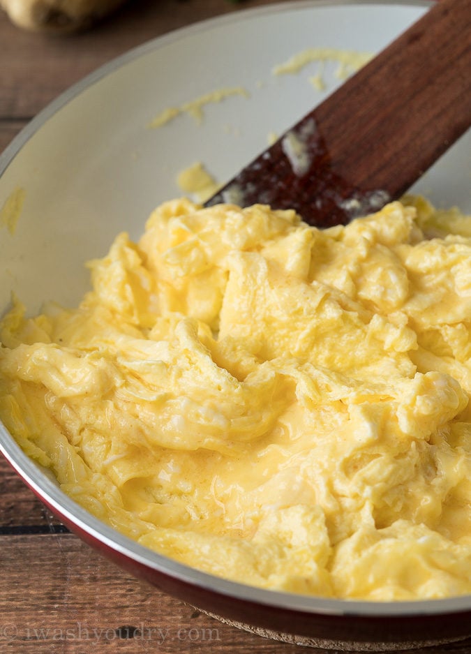 Scrambled Eggs should still be shiny and glossy when you remove them from the heat source.