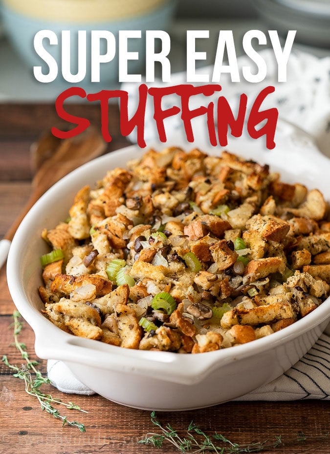 Enjoy this classic and easy Thanksgiving Stuffing Recipe alongside your roasted turkey! Filled with seasoned bread, onions, celery and mushrooms, this stuffing is the perfect addition to your holiday dinner table!