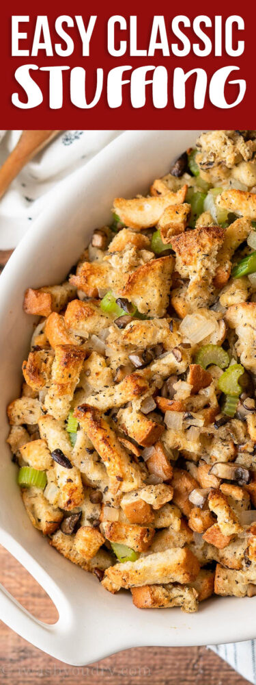 Enjoy this classic and easy Thanksgiving Stuffing Recipe alongside your roasted turkey! Filled with seasoned bread, onions, celery and mushrooms, this stuffing is the perfect addition to your holiday dinner table!