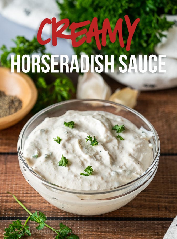 This quick and easy Creamy Horseradish Sauce Recipe is the perfect condiment to compliment prime rib, steak or roast beef! 
