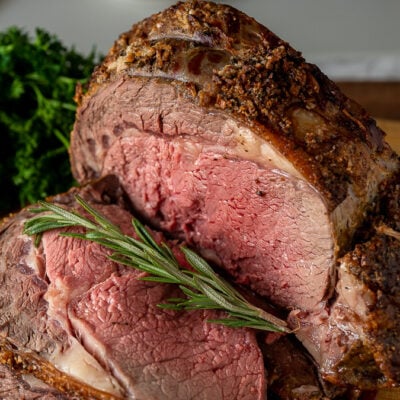 A close up of a prime rib roast