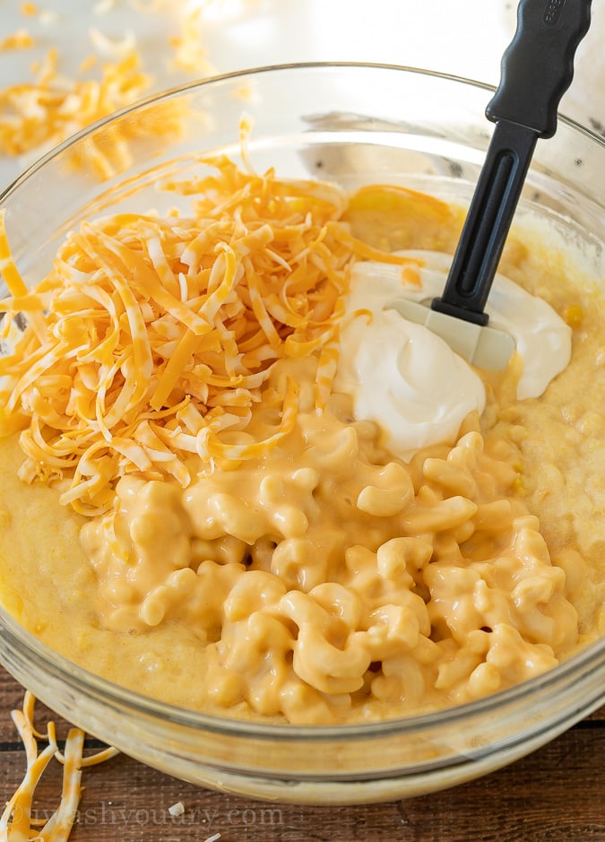 Combine all the ingredients for Macaroni Corn Pudding Casserole into a large bowl and whisk to combine.