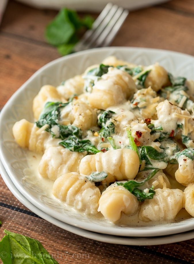 Delicious and easy Mashed Potato Gnocchi with a Spinach Cream Sauce