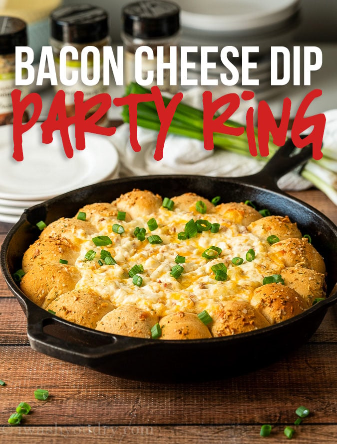 This hot and bubbly Bacon Cheese Dip Party Ring is a hit during the holidays and during football season!