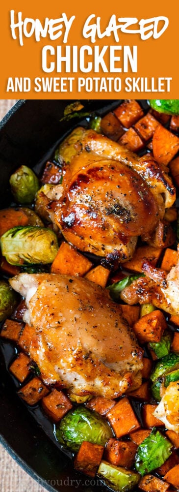 This super easy Honey Glazed Chicken Skillet is filled with juicy chicken thighs, tender sweet potatoes and Brussels sprouts in a finger-licking-good honey butter sauce. It's an all-in-one dinner that's sure to please!