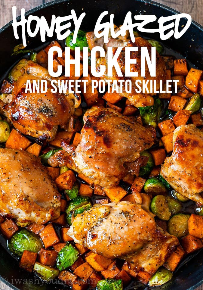 This super easy Honey Glazed Chicken Skillet is filled with juicy chicken thighs, tender sweet potatoes and Brussels sprouts in a finger-licking-good honey butter sauce. It's an all-in-one dinner that's sure to please!