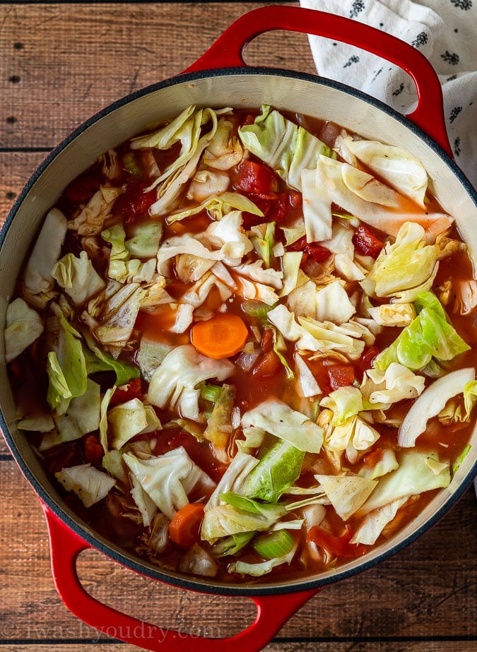 Cabbage Soup Ingredients in pot.