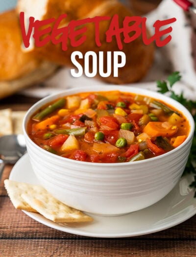 This warm and comforting Vegetable Soup Recipe is filled with tender veggies and chunks of potato in a perfectly seasoned broth.