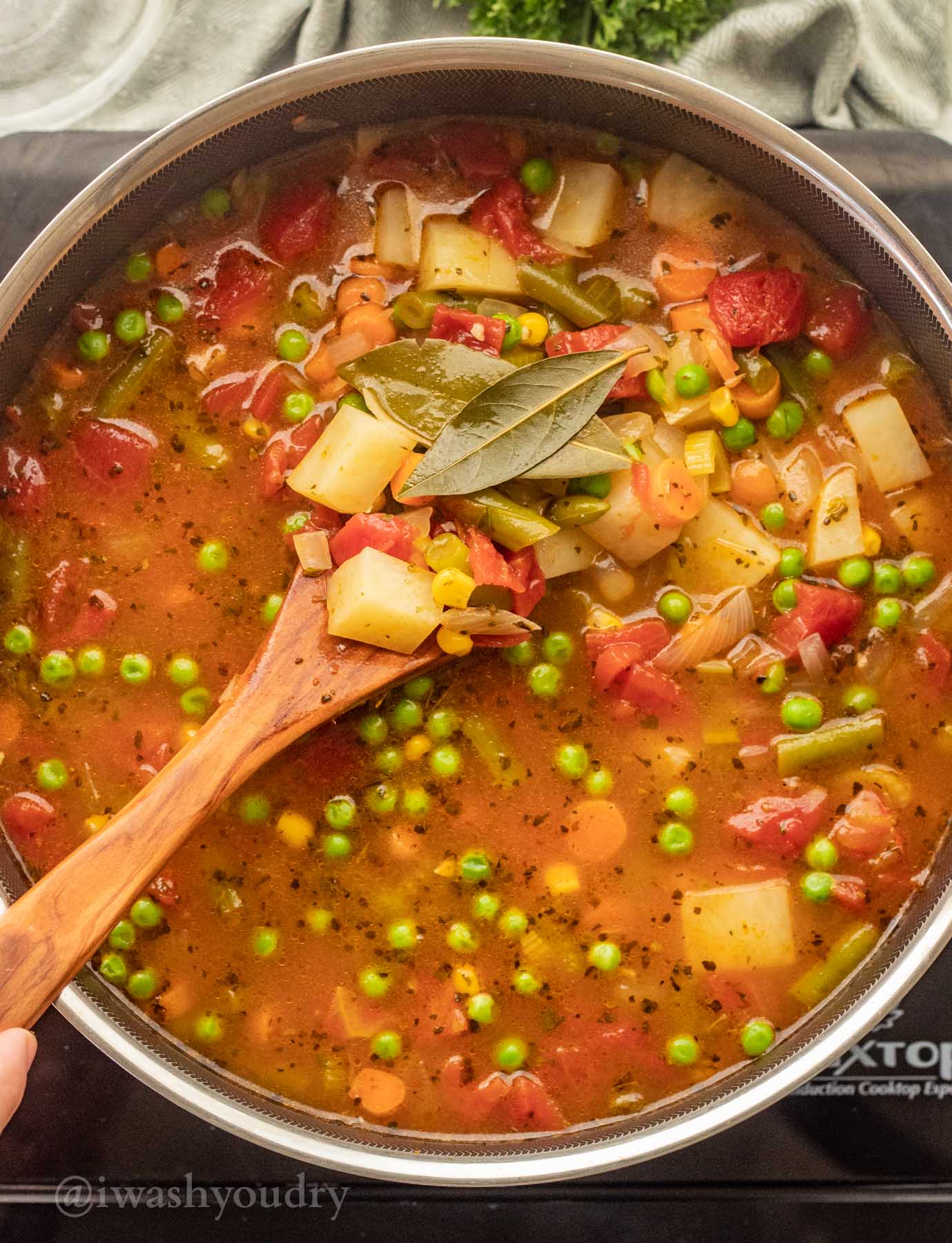 Large pot filled with vegetable soup and ladle.