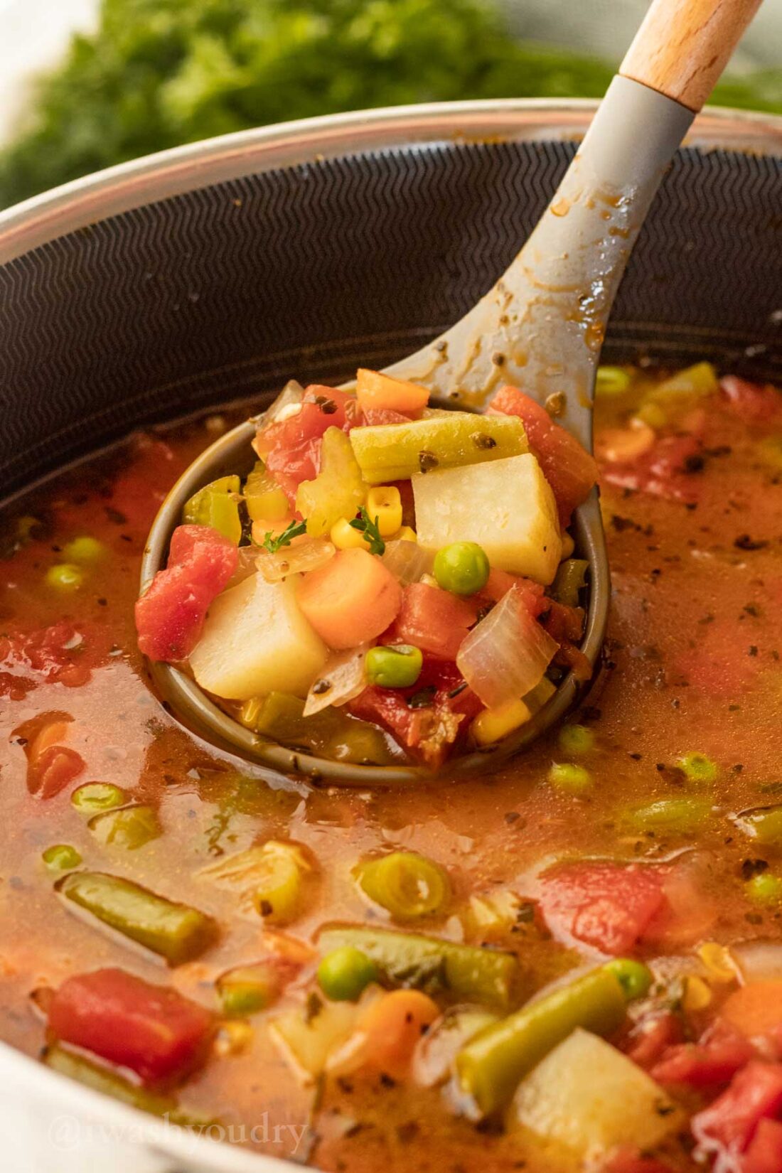 Large pot filled with vegetable soup and ladle.