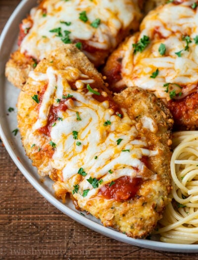 Recipe For Chicken Parmesan made in the Air Fryer and served over pasta!