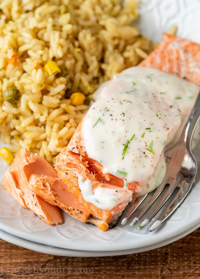 Baked Salmon with a creamy dill sauce served warm over the top.