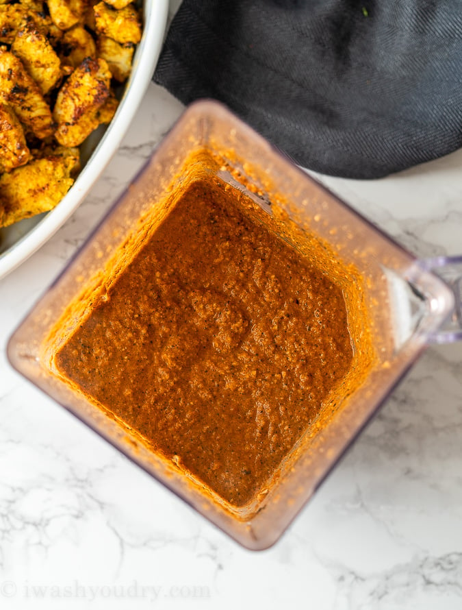 Blend the butter chicken sauce ingredients until smooth to make a traditional sauce.