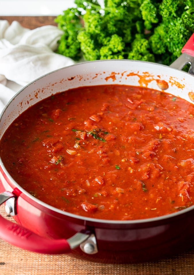 Simmer Marinara Sauce in pan to thicken the sauce and help it to become more rich in flavor.