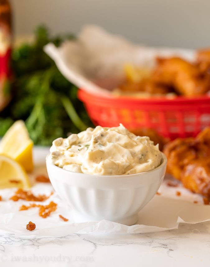This super easy Tartar Sauce Recipe is thick and creamy and the perfect condiment for fried fish and chips!