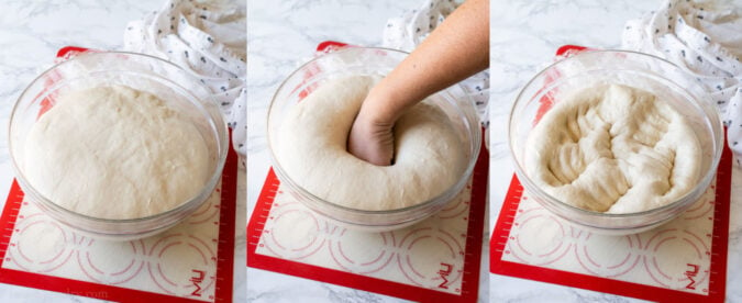 Let the bread dough rise, then punch down the dough and shape into two loaves.