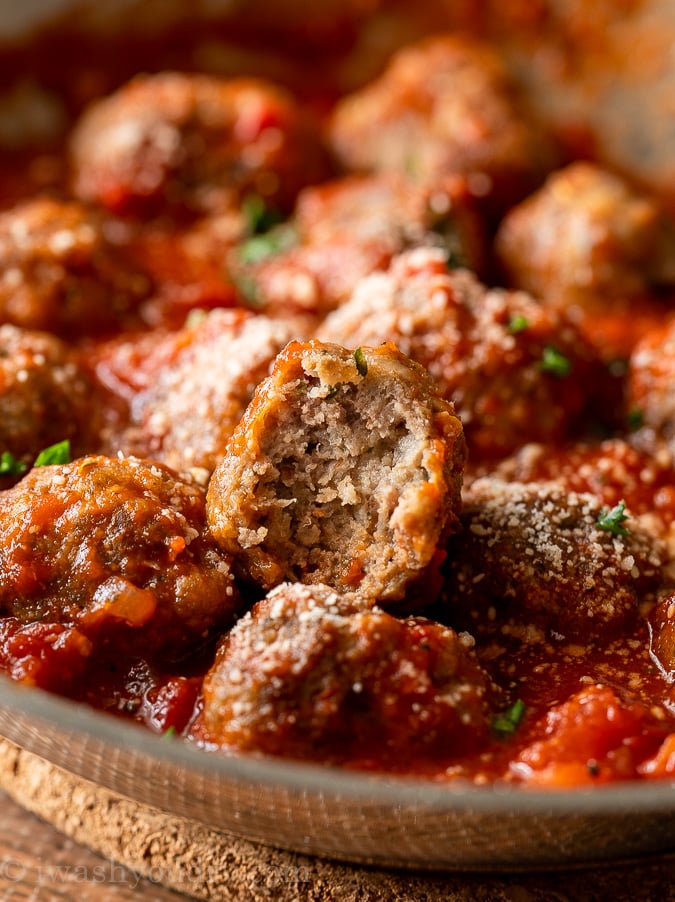 Tender and juicy meatballs tossed in homemade marinara sauce.