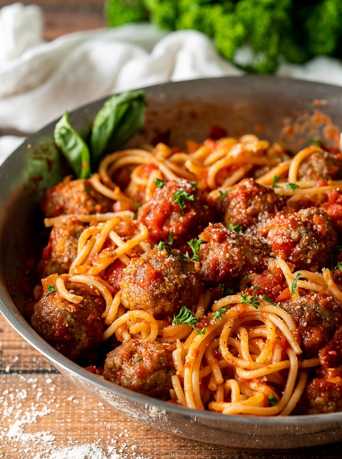 Skillet full of spaghetti and meatballs