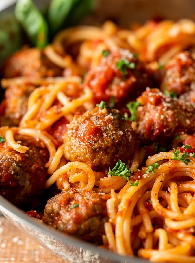 Meatballs paired with spaghetti and classic marinara sauce.