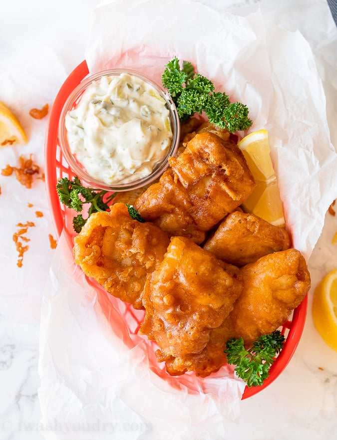 This Crispy Beer Batter Fish Recipe is made with basic ingredients and creates a crunchy coating around flaky, tender white fish! Fried fish is great with homemade Tartar Sauce or used to make crispy fish tacos! 