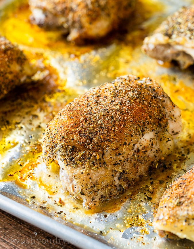 Roasted Chicken Thighs on a baking sheet