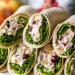 Plate full of sliced Chicken Apple Salad Wraps