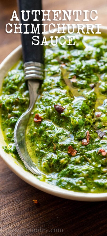 Close up image of easy chimichurri sauce in a bowl.