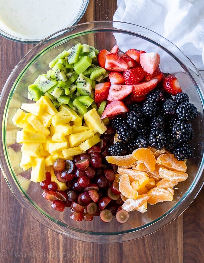 Rainbow fruit salad in a bowl